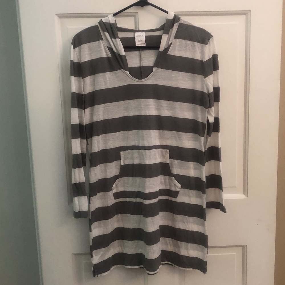 Merona gray & white striped hooded coverup SMALL